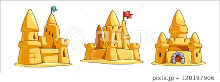 Sandcastle with tower, gate and flag. Sandcastle with tower, gate and flag. 120197906