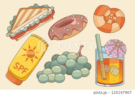 Food and elements for summer beach picnic. Food and elements for summer beach picnic. 120197907