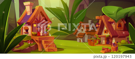 Cute elf or animal village with houses in forest Cute elf or animal village with houses in forest 120197943