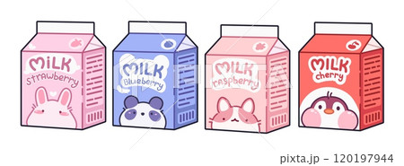 Milk cardboard package with kawaii animal 120197944