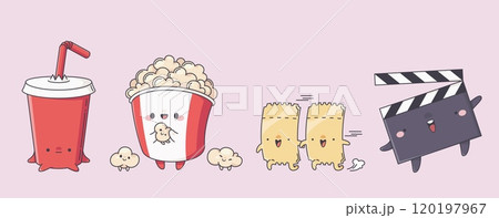 Cute cinema cartoon characters with kawaii faces. Cute cinema cartoon characters with kawaii faces. 120197967