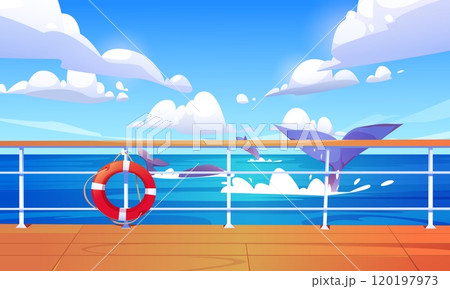 View from ship deck on sea or ocean with whales 120197973