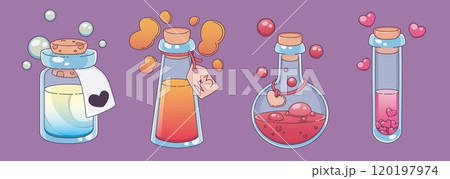 Magic love potion in glass bottle and flask. 120197974