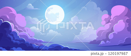 Night starry sky with fluffy clouds in anime style Night starry sky with fluffy clouds in anime style 120197987