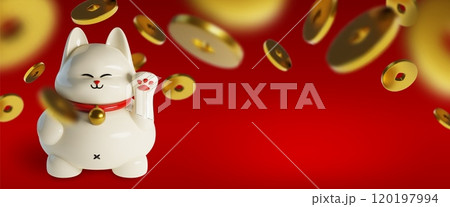 3d cute lucky cat animal with coin illustration 120197994