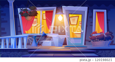 House porch with light from windows at night. House porch with light from windows at night. 120198021