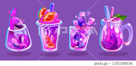 Pink cocktail in glass cup with splashes and straw 120198036