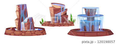 Decorative city park fountain with falling water. 120198057