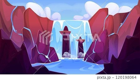 Landscape with waterfall on rocky cliff mountain. 120198064