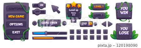 Game ui design stone and jungle leaves elements Game ui design stone and jungle leaves elements 120198090