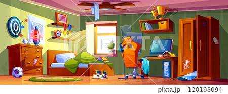 Messy chaos teenage boy room interior Messy chaos teenage boy room interior 120198094