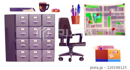 Detective office interior furniture and elements. 120198125