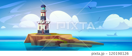 Cartoon sea or ocean landscape with lighthouse 120198126