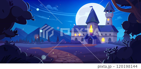 Fairy castle with light in windows at night. 120198144