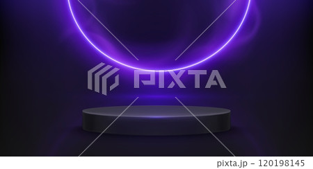 Round podium and neon circle on dark background 120198145