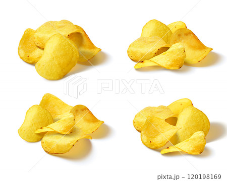 Potato chip pile. 3d realistic slice snack vector 120198169