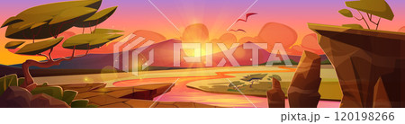 African savannah landscape on sunset or sunrise. African savannah landscape on sunset or sunrise. 120198266