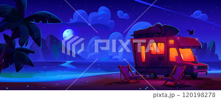 Night sea or ocean beach with camper van 120198278