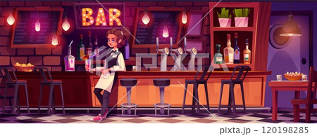 Pub interior with waiter standing near bar counter 120198285