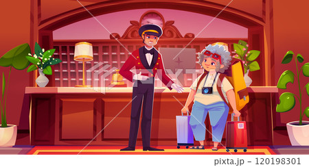 Hotel lobby and tourist with luggage on reception 120198301