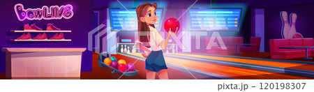 Young woman with ball in bowling club 120198307