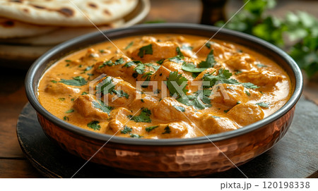 Indian butter chicken with naan bread, vibrant orange curry in a traditional copper bowl 120198338