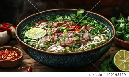 Vietnamese pho with rice noodles, sliced beef, fresh herbs, and a side of lime and chili peppers 120198339
