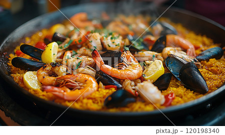 Spanish paella with seafood, saffron rice, mussels, prawns, and squid, served in a traditional paella pan 120198340