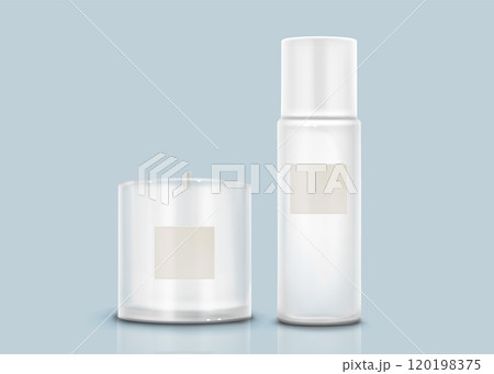 White candle in glass and perfume in bottle. 120198375