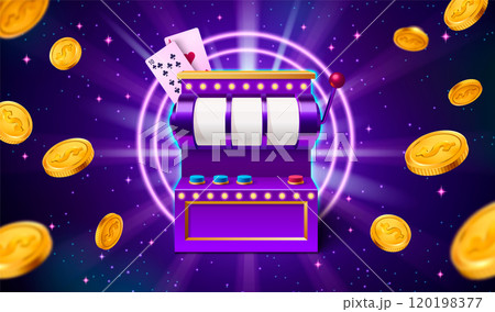 Slot machine and golden coins flying on purple 120198377