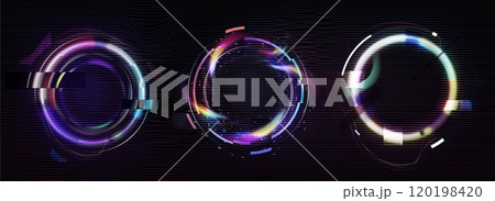 Circle frame with glitch and neon glow effect. 120198420