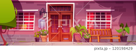 House exterior facade with wooden door and porch 120198429