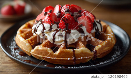 Belgian waffles topped with whipped cream, strawberries, and a drizzle of chocolate syrup 120198463
