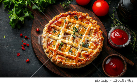 Australian meat pie with flaky pastry, filled with minced beef and gravy, served with ketchup 120198465