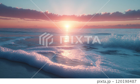 Pastel-colored sunset over the ocean, soft waves lapping the shore, with an uncluttered area of sky for copy space. 120198487