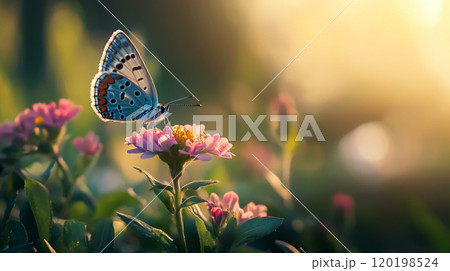 Close-up of a butterfly resting on a vibrant flower, soft blurred green background with plenty of room for copy space. 120198524