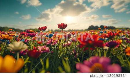 Vibrant flower meadow under a clear sky, with colorful flowers in the distance and an open grassy area in the foreground for copy space. 120198584
