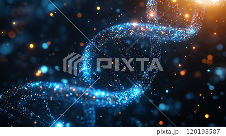 Abstract DNA double helix glowing in blue light, intricate molecular details, with a dark background and space for copy. 120198587