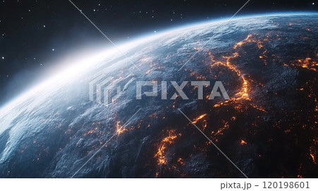 Planet Earth viewed from space, glowing atmosphere and satellite trails, with a wide open sky for text or design elements. 120198601