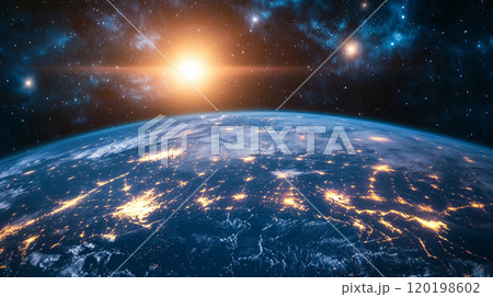 Planet Earth viewed from space, glowing atmosphere and satellite trails, with a wide open sky for text or design elements. 120198602