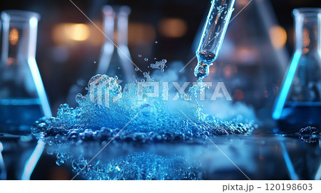 Close-up of a chemical reaction with bubbles and vapor, beakers in the background, and a clear space for copy Close-up of a chemical reaction with bubbles and vapor, beakers in the background, and a clear space for copy 120198603