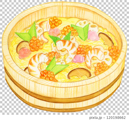 Hand-drawn watercolor illustration of delicious looking chirashi sushi 120198662