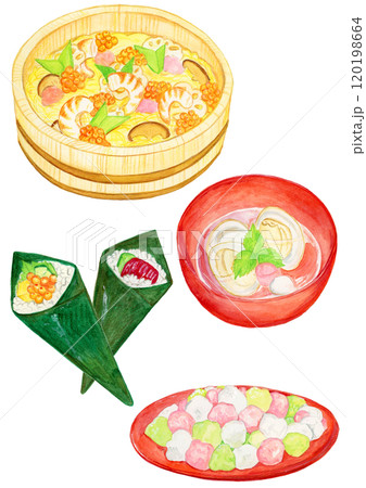 手描き水彩のひな祭りの食べ物セットイラスト 手描き水彩のひな祭りの食べ物セットイラスト 120198664