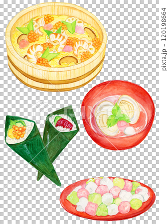 手描き水彩のひな祭りの食べ物セットイラスト 手描き水彩のひな祭りの食べ物セットイラスト 120198664
