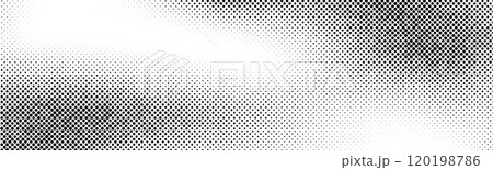 Grunge halftone background. Faded grit noise gradient texture. Black and white sand wallpaper. Wide long retro pixelated backdrop. Anime or manga comic style overlay. Halftone gritty frame. Vector 120198786