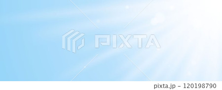 Sun burst light glare in blue sky. Natural light scene wallpaper for banner, mockup, template, overlay, poster. Bright sunshine light rays and beams on surface, wall, ceiling, floor. Vector 120198790