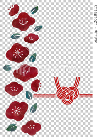 Cute auspicious background illustration of Awaji knotted Mizuhiki and camellia flowers 120199115