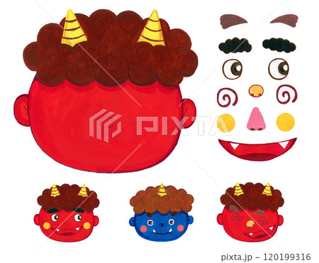 手描きの鬼の福笑いイラストセット 手描きの鬼の福笑いイラストセット 120199316