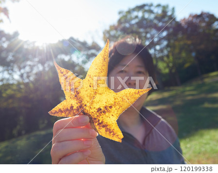 秋の公園で黄色い落ち葉を持って散歩する中年女性の姿 120199338