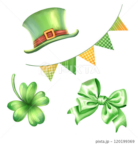 St. Patrick's day illustration with clover, shamrock, hat, garland and bow. Irish holiday elements for decoration. 120199369